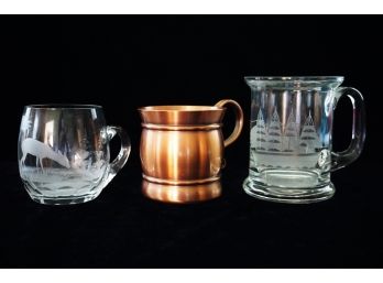 Group Of Three Beer Steins - One Gregorian Solid Copper