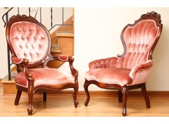 Two Antique Victorian Pink Velvet Chairs With Floral Cress Design On Wood