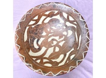 Impressive Extra Large Earthenware Designed Terracotta Bowl With Intricate Salamander Artwork And Woven Trim