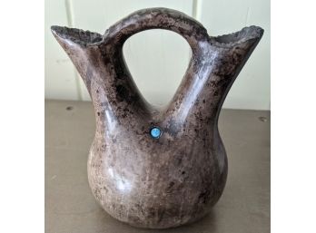 Signed Native American Squat Wedding Vase With A Small Turquoise Imbedded In One Side