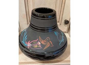 Black Clay Pottery Vase From The SouthWest Indigenous Community With Blue Orange And Pink Accents -