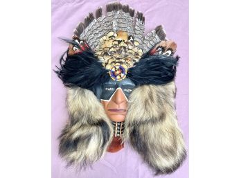 Ominous Hand Painted Ceramic Spirit Mask With Genuine Fur Pelts, Feathers, Horse Hair & Decorative Beads