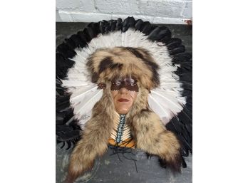 Incredible And Large Spirit Mask With Wall Mount Hand Painted Design Genuine  Fur Pelts, Feathers, Stones,Bead