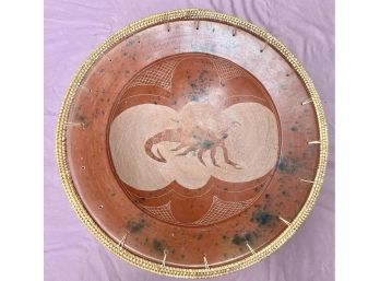 Earthenware Ceramic Bowl With A Primitive Rustic Wicker Rim And A Scorpion Design