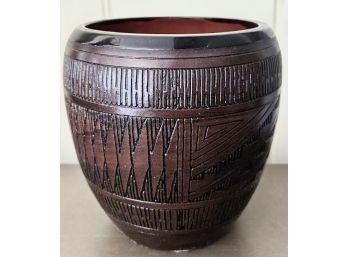 Native American Etched Pottery Vase, Signed By Maxine Clark Of The Navajo Tribe