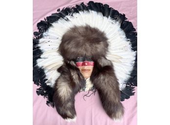 Amazing Native, Indian Chief Wall Mount Spirit Mask Showcasing Genuine Pelts, Fur, Feathers And Beads