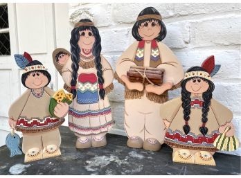 4 Absolutely Adorable, Hand-painted Wooden Native American / Pilgrim Characters, Signed Elyne