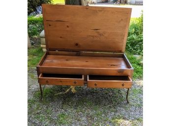 Vintage Wooden Coffee Table On Metal Base,  With Flip Top (map Holder?) Strorage & 2 Drawers