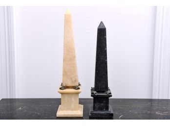 Pair Of Obelisk Marble Sculptures With Miniature Frogs