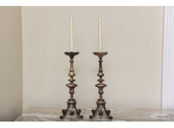 Pair Of 19th Century French Silver Plated Brass Candle Stick Holders