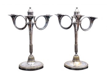 Pair Of Signed HL Silver On Brass Three Candle Candelabras With Center Snuffer