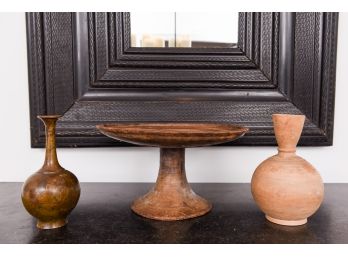 Wood Pedestal Plate, Metal Vase, And Pottery Vase