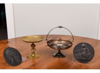 Brass Roman Figure Pedestal Plate, Meriden Silver Plated Pedestal Bowl, And Pair Of Medallion Plaques