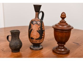 Pottery Jug, Pottery Vase, And Pottery Urn With Cover