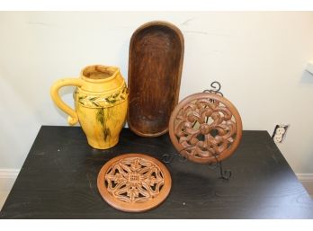 Italian Ceramic Pitcher, Distressed Oblong Bowl & Decorative Wooden Plaques
