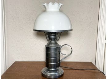 A Pewter And Milk Glass Lamp - SCARSDALE - FARLEY RD.