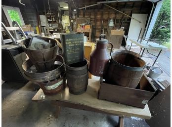 ANTIQUE OAK BARRELS, WINNOWER, CREAM BOTTLE, ETC.