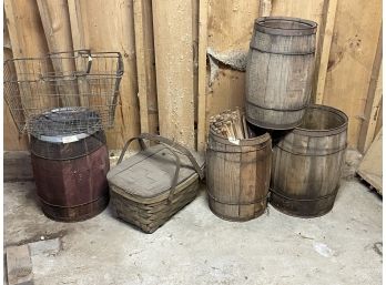 THREE WOODEN BARRELS, A ZINC BUCKET, AND A WIRE BASKET