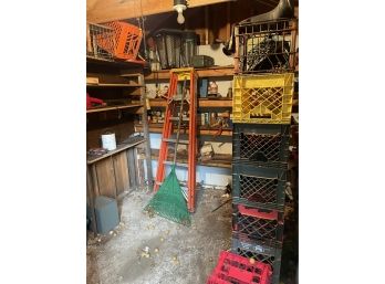 SHED SALVAGE LOT INCLUDES FIBERGLASS STEPLADDER, SAWS, TOOLBOXES, OUTDOOR TOOLS ETC.