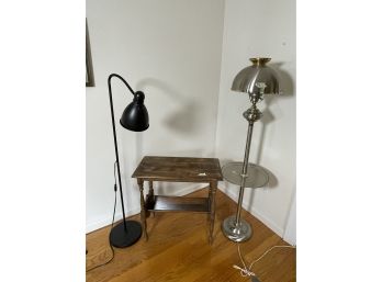 TWO FLOOR LAMPS AND AN ANTIQUE MAGAZINE RACK