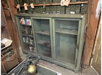 LARGE ANTIQUE OAK CABINET WITH SLIDING GLASS DOORS IN GREEN PAINT