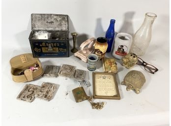 ANTIQUE BUTTONS, MILK BOTTLE, IRON, ETC.