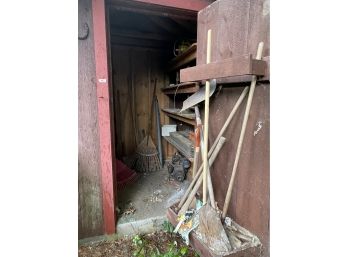 SHED SALVAGE LOT INCLUDES OUTDOOR TOOLS, OLD TOOL PUMPS, CHAINSAW ETC.