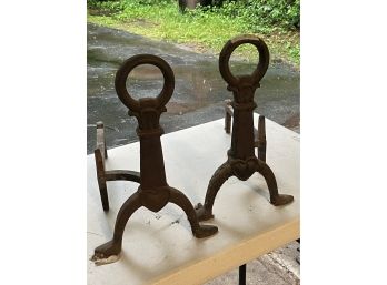 PAIR OF ANTIQUE CAST IRON ANDIRONS W/ HEARTS