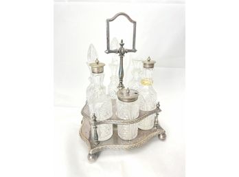 Incredible 1920s Silver Cruet Set With Hand Carved Glass Cruets