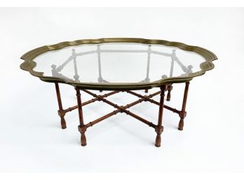 Faux Bamboo And Glass Coffee Table With Scalloped Brass Edge By Baker
