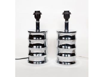 Pair Of  Small Chrome Ribbed Lamps