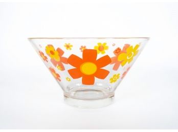 Large Retro Orange And Yellow Flower Glass Bowl