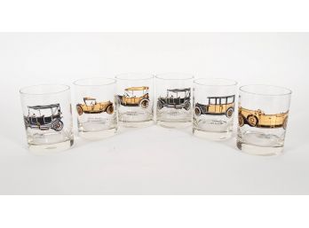 Vintage Cocktail Glasses With Car Motif In Black And Gold - Set Of 6