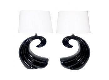 1980s Black Wave Ceramic Table Lamps - A Pair