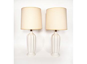 Mid Century Modern Ribbed Ceramic And Wood Lamps - A Pair