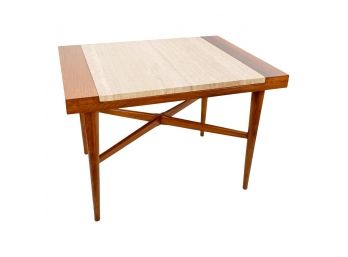 Mid Century Harvey Probber Style Wood And Italian Travertine Side Table
