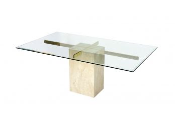 Italian Travertine Marble, Brass, And Glass Pedestal Dining Table