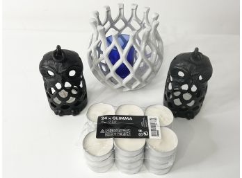 Trio Of Unique Candle Holders Including A Pair Of Owls And Tea Lights