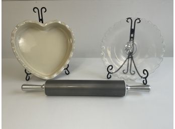 Heart Shaped Ceramic Pie Plate Glass Dessert Tray And Rolling Pin