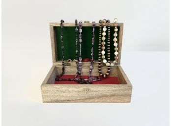 Assortment Of Beaded Necklaces And Wooden Jewelry Box