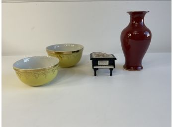 Pair Of Vintage Hall China Bowls, Music Box And Vase