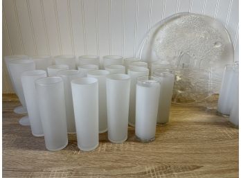 Large Assortment Of Frosted Glassware And Glass Serving Tray