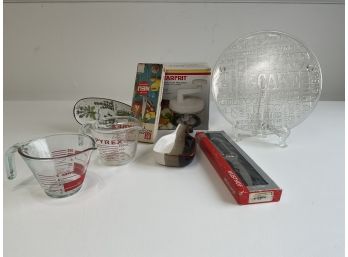 Vintage Glass Cheese Plate, Pyrex Measuring Cups, Kitchen Accessories