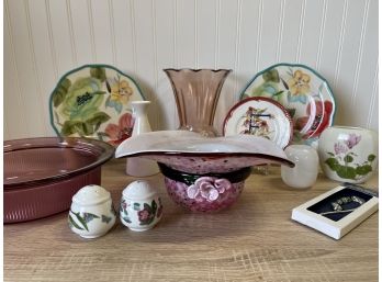 Floral Art Glass Bowl And Coordinating Decorative Pieces