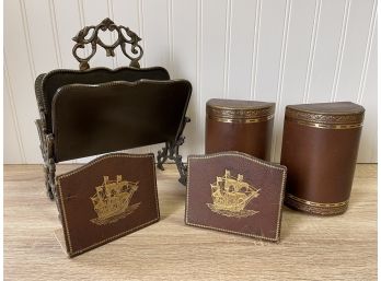 Coordinating Leather Look Bookends And Metal Mail Holder