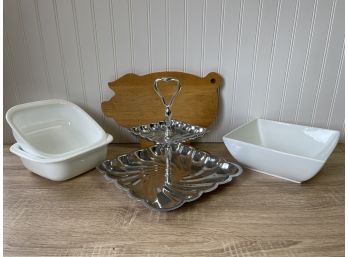 Corning Ware Bakeware, Dessert Stand, And JK Adams Vernon Pig Shaped Board