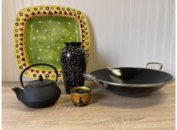 Large Chantal Wok, Black Stoneware Tea Pot, Large Tray, Black And White Vase