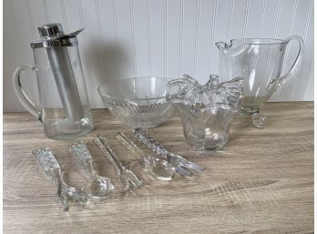 Vintage Glassware Assortment Including Iced Tea Pitcher, Art Glass Vase, Serving Utensils And More!