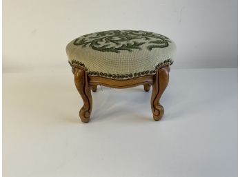 Wooden Footstool With Needlepoint Upholstery And Nailhead Details