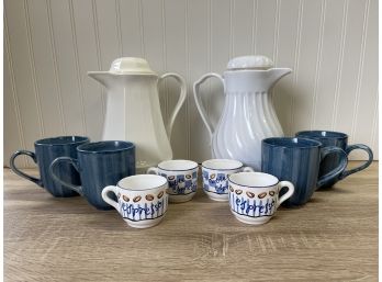 William-Sonoma Espresso Cups, Pair Of Carafes And Blue Mugs